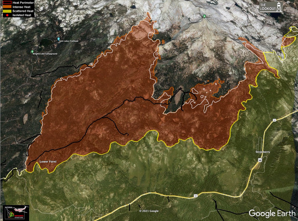 wildland_zko's tweet photo. #CaldorFire - 9/3/2021 Morning Update
Mapping at 9:30pm, 9/2/2021. White line is 24 hr spread. Some lateral spread on eastern head of fire, no major movement into populated areas. Fire near Kirkwood still headed east. More maps and comments on The Lookout. https://t.co/EAkq11qqbq https://t.co/KzjK1XSDn1