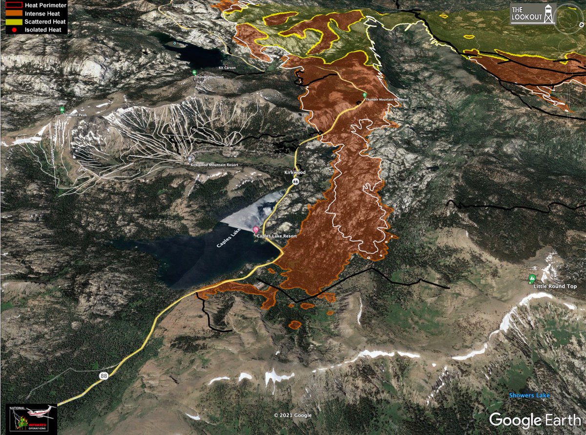 wildland_zko's tweet photo. #CaldorFire - 9/3/2021 Morning Update
Mapping at 9:30pm, 9/2/2021. White line is 24 hr spread. Some lateral spread on eastern head of fire, no major movement into populated areas. Fire near Kirkwood still headed east. More maps and comments on The Lookout. https://t.co/EAkq11qqbq https://t.co/KzjK1XSDn1