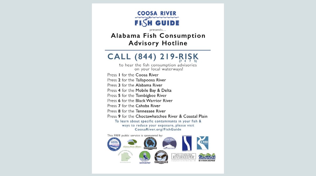 CoosaRiverkeepr's tweet photo. Need to know if the fish near you are safe to eat? Call this toll-free hotline anytime (844-219-7474) to hear #fish consumption advisories across AL! #FishGuide https://t.co/S9JVUpezoW
