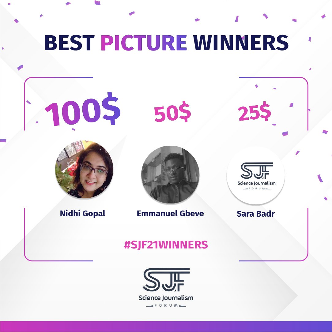 ScienceJF's tweet image. MAKE SOME NOISE! 🥁 🥁 

#SJF21 big moment! #SecondCompetition: “Photo Contest” for the top engaging photos and the winners are: 

❶ Nidhi Gopal
❷ Emmanuel Gbeve 
❸ Sarah Badr

🌟 Prize: 1st Place: $100, 2nd Place: $50, and 3rd: $25