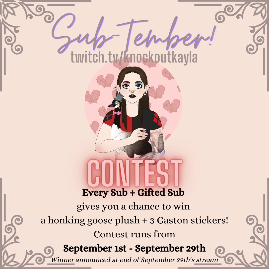 _knockoutkayla's tweet photo. Sub-tember is here! This month for every sub, resub, and gifted sub you’re entered to win a plush goose (the very kind I squeeze on stream!) and 3 Gaston stickers!
#knockoutkayla #subtember #twitch #twitchaffiliate #contest #goose #gamer #twitchgamers #twitchgamergirls https://t.co/vhjAASYYVa