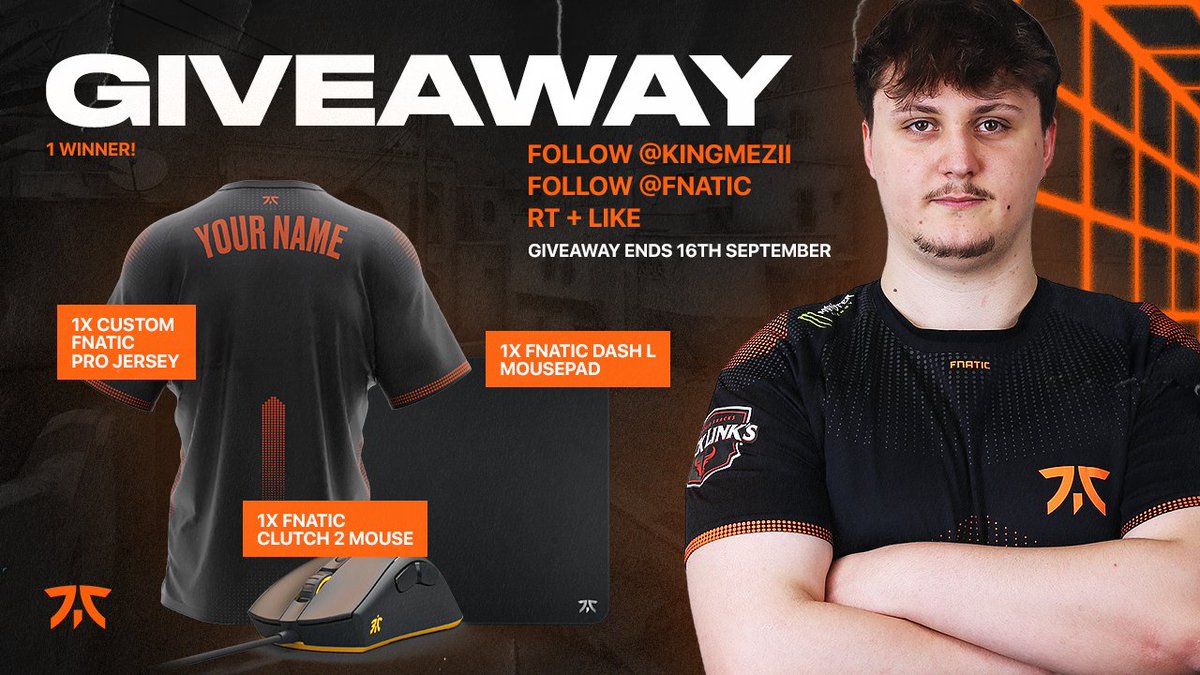 The support you've all been showing me &amp; the FNATIC boys since joining, and during #ESLProLeague has been amazing! 💪👑

To say thank you, <a href="/FNATIC/">FNATIC</a> &amp; I are doing a giveaway for you!

To Enter
✅ Follow me <a href="/kingmezii/">MEZII'</a>
✅ Follow <a href="/FNATIC/">FNATIC</a>
🔂 RT &amp; Like this post

📆 Ends 16/09, GLHF! 🧡