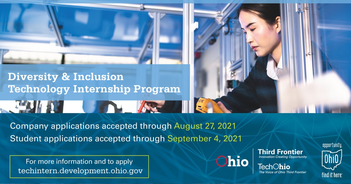 OhioDevelopment's tweet image. Tomorrow is the last day for students to apply for the 
@TechOhioGov
 Diversity &amp;amp; Inclusion Technology Internship Program! Build up your resume and get experience with companies on the cutting-edge!
Learn more and apply at TechIntern.Ohio.Gov
#OhioInternship #TechOhio