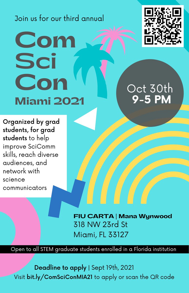 ComSciCon Miami (@comsciconmia) on Twitter photo Are you a #STEM grad student in South Florida looking to up your #scicomm game? Do you know any? Consider #ComSciConMIA2021 this October 30! Participants may apply through the link below or on our website. Please RT
bit.ly/ComSciConMIA21
#AcademicTwitter #ScienceTwitter Are you a #STEM grad student in South Florida looking to up your #scicomm game? Do you know any? Consider #ComSciConMIA2021 this October 30! Participants may apply through the link below or on our website. Please RT
bit.ly/ComSciConMIA21
#AcademicTwitter #ScienceTwitter