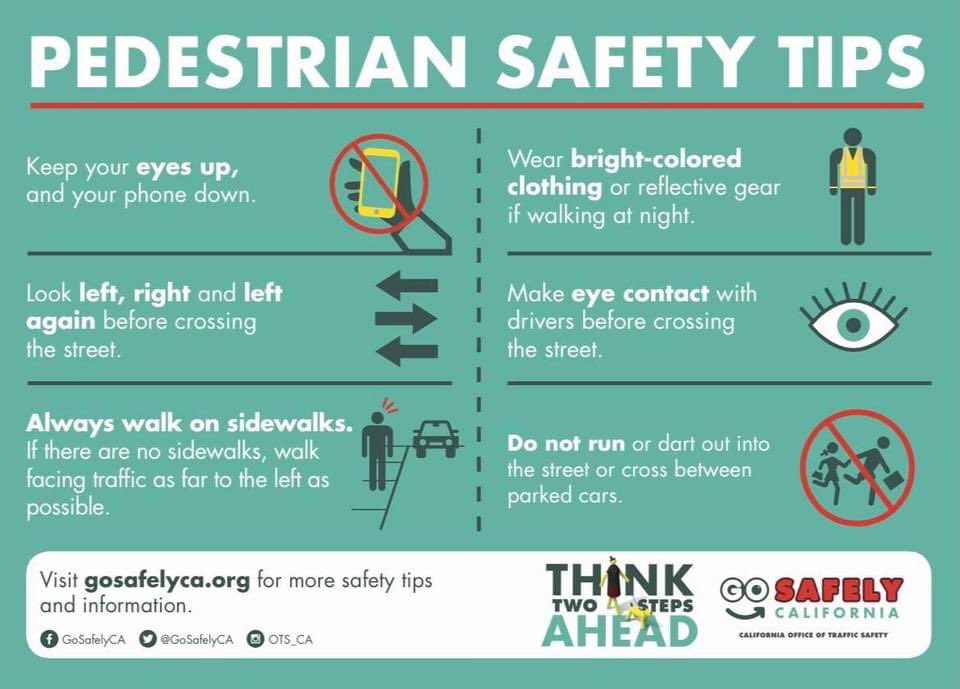 September is Pedestrian Safety Month. With nice weather comes many people out walking around. We want to remind you of a few safety tips while you’re out enjoying the outdoors. 🚸