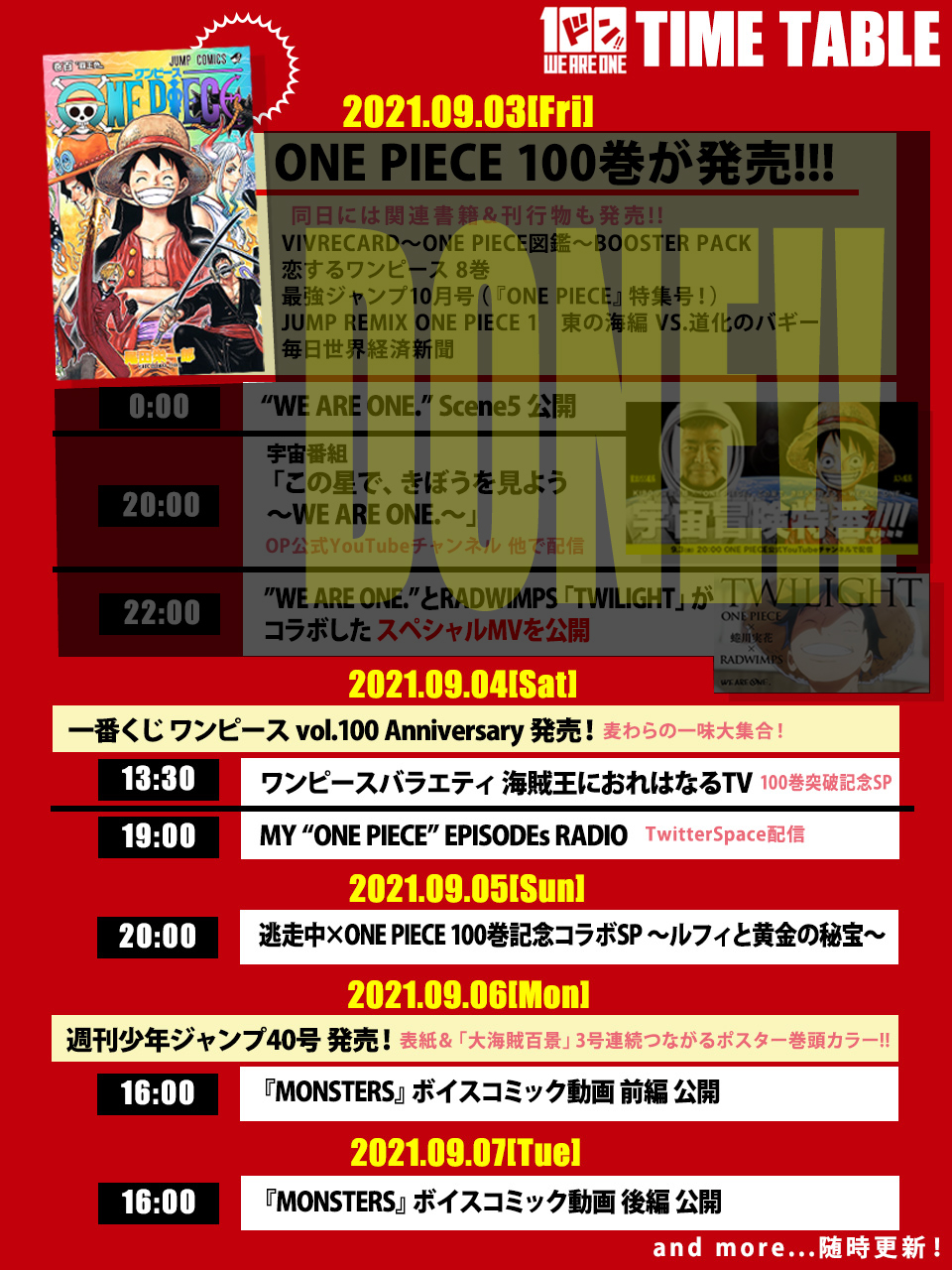 One Piece スタッフ 公式 Official 9月3日 本日の発表は以上です 100巻パーリー 当日をお楽しみ頂けておりましたらうれしいです 明日は 海賊王におれはなるtv 100巻突破記念sp やtwitter Spaceで配信する My One Piece Episodes Radio をお