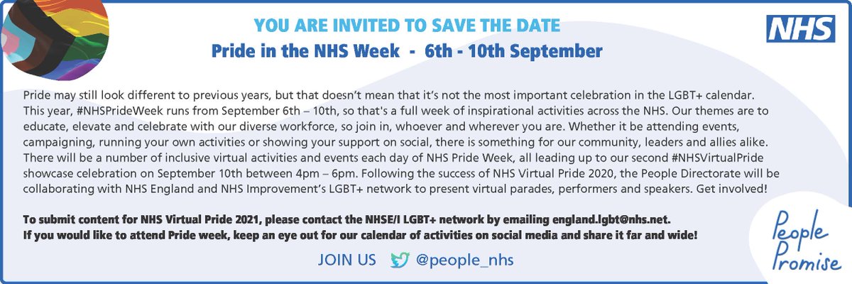 DCHStrust's tweet photo. Next week is #NHSPrideWeek! There will be a number of inclusive virtual activities and events each day of NHS Pride Week, all leading up to our second #NHSVirtualPride
showcase celebration on September 10th between 4pm – 6pm. Follow @people_nhs for more details.
👇👇 https://t.co/5dUd8g2yVQ
