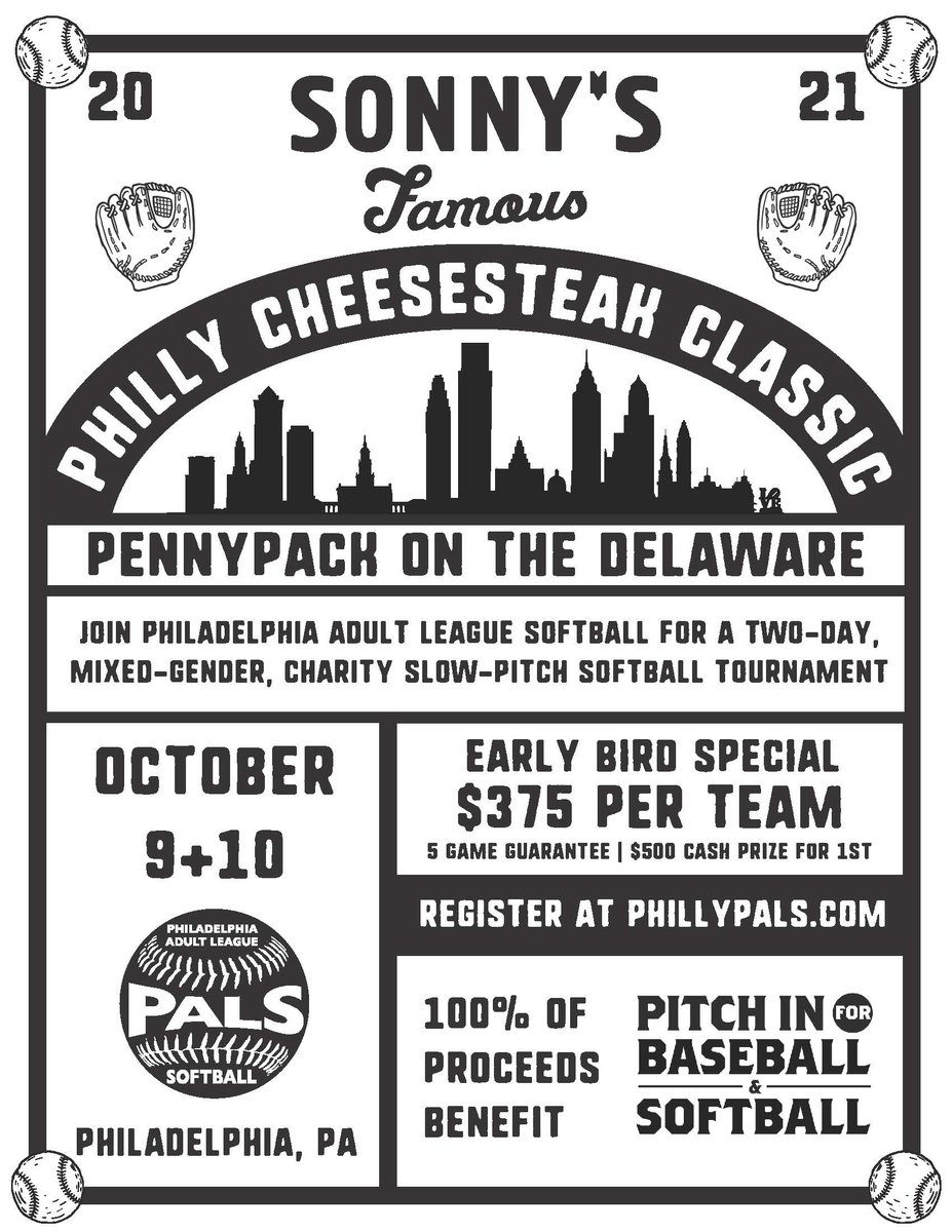 Our friends <a href="/PALSSoftball/">Philadelphia Adult League Softball</a> are offering a fun way to support youth baseball and softball! The Sonny's Famous Steaks Philly Cheesesteak Classic is a charity slow-pitch softball tournament Oct 9-10. All proceeds benefitting PIFBS! Register your team now at phillypals.com