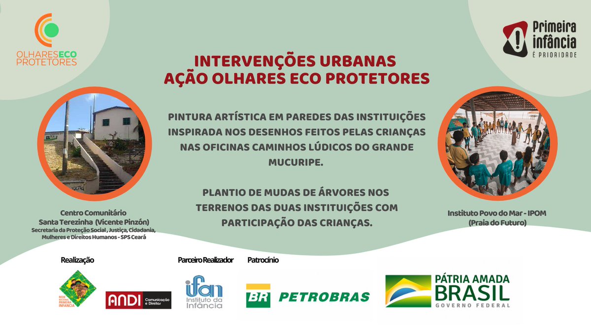 Na semana que vem, a Ação Olhares Eco Protetores fará intervenções urbanas nas entidades onde vem realizando oficinas sobre o direito da criança à cidade e ao meio ambiente.
#institutodainfancia <a href="/petrobras/">Petrobras</a> #ProgramaPetrobrasSocioambiental #ProjetoPrimeiraInfanciaePrioridade