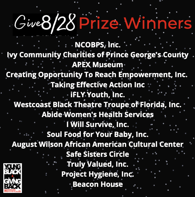 We’re still celebrating the success of #Give828! Shout out to all of the 250 Black-led Nonprofits who worked hard to raise a collective $178K!
Thanks to the generosity of our sponsors, we were able to give away several prizes to organizations throughout the day!