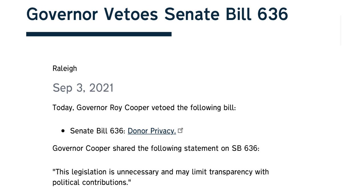 BREAKING: North Carolina Governor <a href="/RoyCooperNC/">Roy Cooper</a> has vetoed a donor privacy bill, calling it "unnecessary and may limit transparency with political contributions."

<a href="/PolitiFact/">PolitiFact</a>'s breakdown of what NC Senate bill 636 would &amp; wouldn't have done to "dark money" politifact.com/factchecks/202…