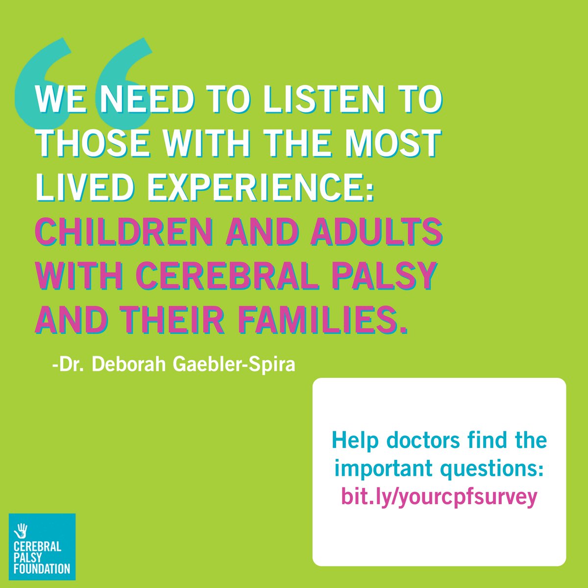 yourcpf's tweet image. Have you ever participated in research? 

Doctors know they can&apos;t always anticipate a patient&apos;s unique needs - especially when it comes to clinical trials &amp;amp; other forms of research. 

Tell them what you &amp;amp; your family really want from #cpresearch: bit.ly/yourcpfsurvey