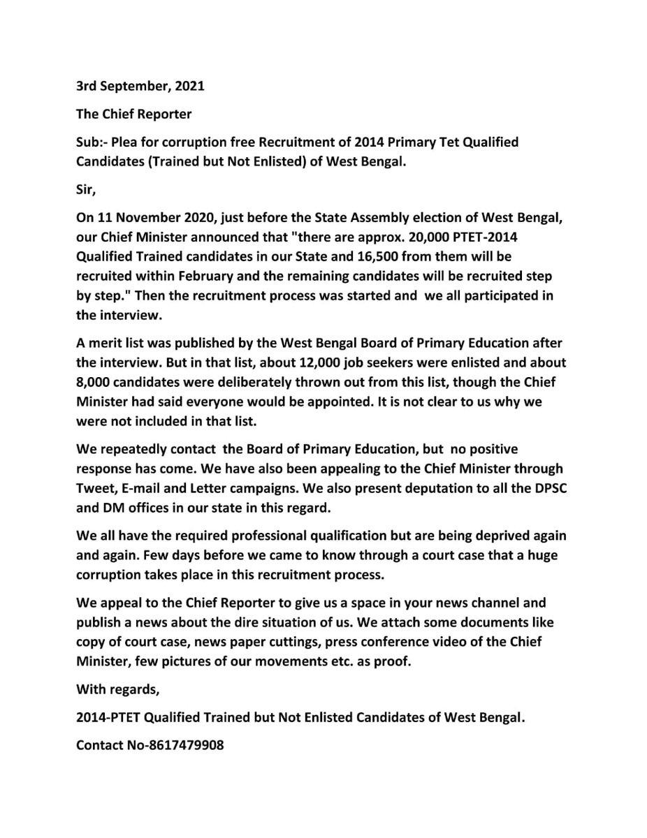 We are 2014-PTET Qualified Trained but Not Enlisted Deprived Candidates from West Bengal.Please take a look on the attached documents and raise voice on your news channel regarding this issue.
<a href="/ZeeNews/">Zee News</a> <a href="/sudhirchaudhary/">Sudhir Chaudhary</a>
<a href="/republic/">Republic</a> <a href="/ABPNews/">ABP News</a> <a href="/aajtak/">AajTak</a>
<a href="/ndtv/">NDTV</a> <a href="/BjpBiplab/">Biplab Kumar Deb</a> 
#plz_raise_voice