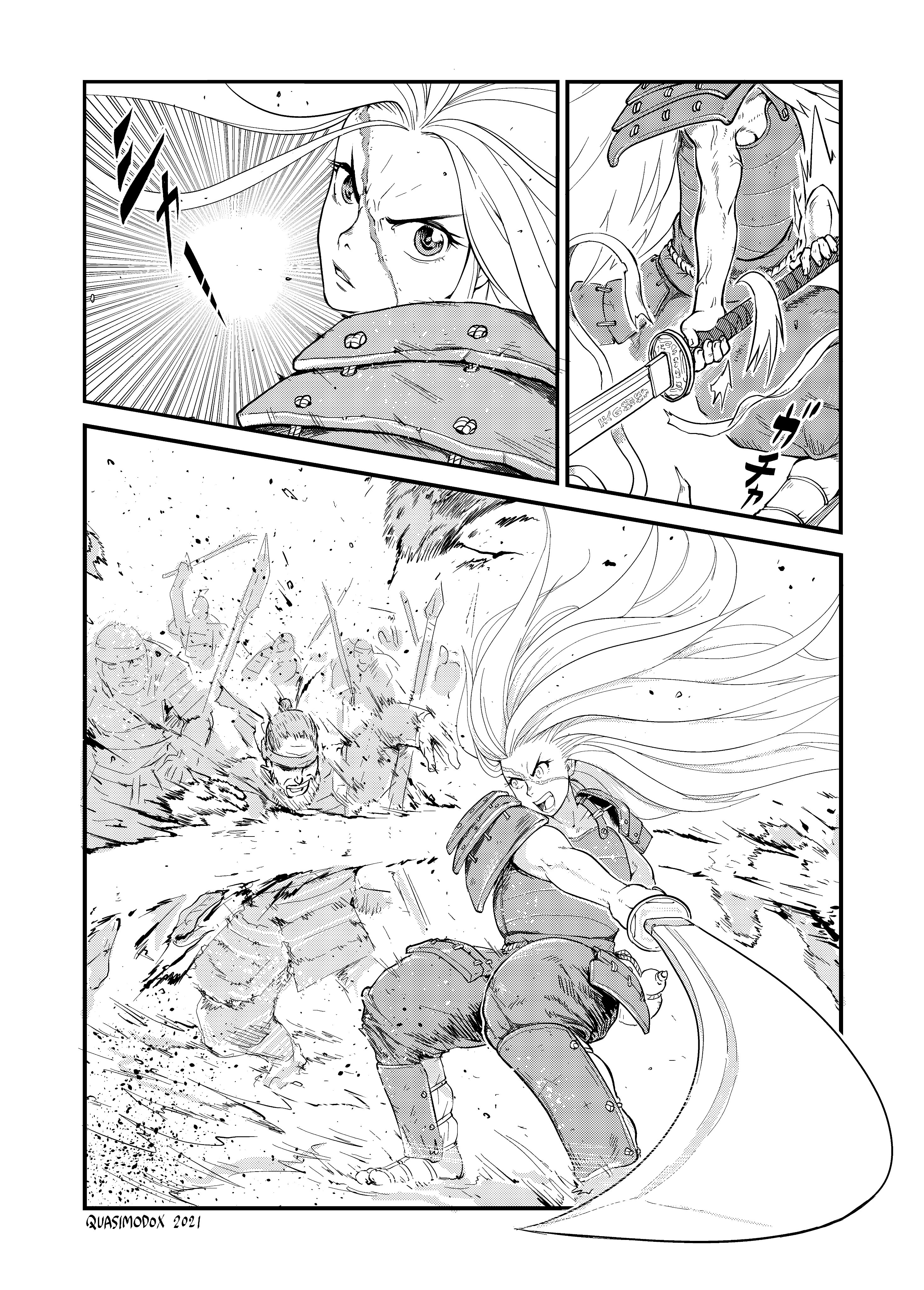 a manga page of 3 panels: 1st panel, holding the katana tight 2nd panel, close up on a girls expression as her swing the sword 3rd bottom panel, huge slash cut through army of samurais, body parts flying.