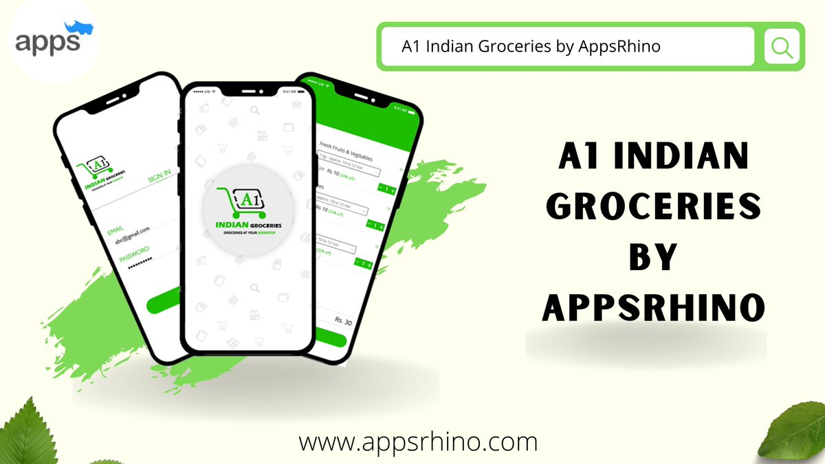 The title is "A1 Indian Groceries by AppsRhino," Above all, there is a query in the search bar with the keyword A1 Indian Groceries by AppsRhino, Below on the left side there are 3 mobile screens of the app, Below there is the AppsRhino website mentioned which is www.appsrhino.com. AppsRhino logo in the left upper corner. 