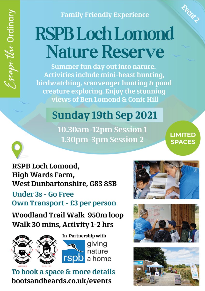 BootsandBeards's tweet photo. 👨‍👩‍👧‍👦 Summer of fun with RSPB &amp; Boots &amp; Beards
⏱ Sun 19th September // 10:30am - 12pm OR 1:30pm to 3pm
📍 Loch Lomond Nature Reserve
➡️  https://t.co/9BW0hWGADj

⚠️Limited spaces https://t.co/5lBMkGloLr