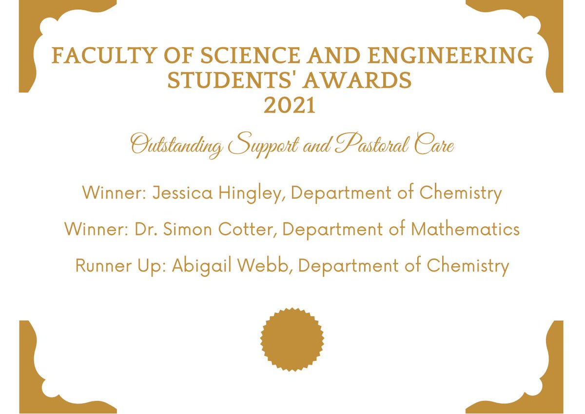 <a href="/HingleyJess/">Jess Hingley (she/her)</a> and Dr. Simon Cotter from <a href="/UoMChemistry/">UoM Chemistry</a> &amp; @ManUniMaths won the award for Outstanding Support and Pastoral Care! Abigail Webb, also from <a href="/UoMChemistry/">UoM Chemistry</a>, received the runner up award.