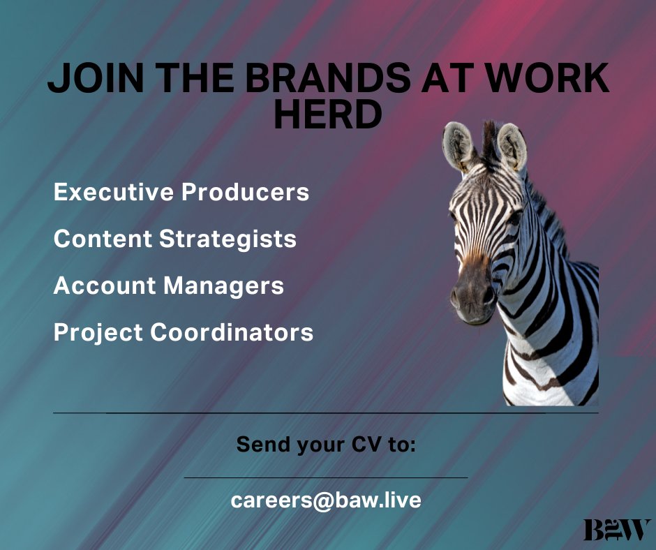 Brands At Work (@brands_at_work) on Twitter photo 🚨Join the herd!🚨
We're looking for hungry, creative challengers to come and support our growing team due to an increasing number of exciting new client wins, projects and pitches.
If this sounds like you or someone you know, apply today via careers@baw.live
#eventjobs 🚨Join the herd!🚨
We're looking for hungry, creative challengers to come and support our growing team due to an increasing number of exciting new client wins, projects and pitches.
If this sounds like you or someone you know, apply today via careers@baw.live
#eventjobs