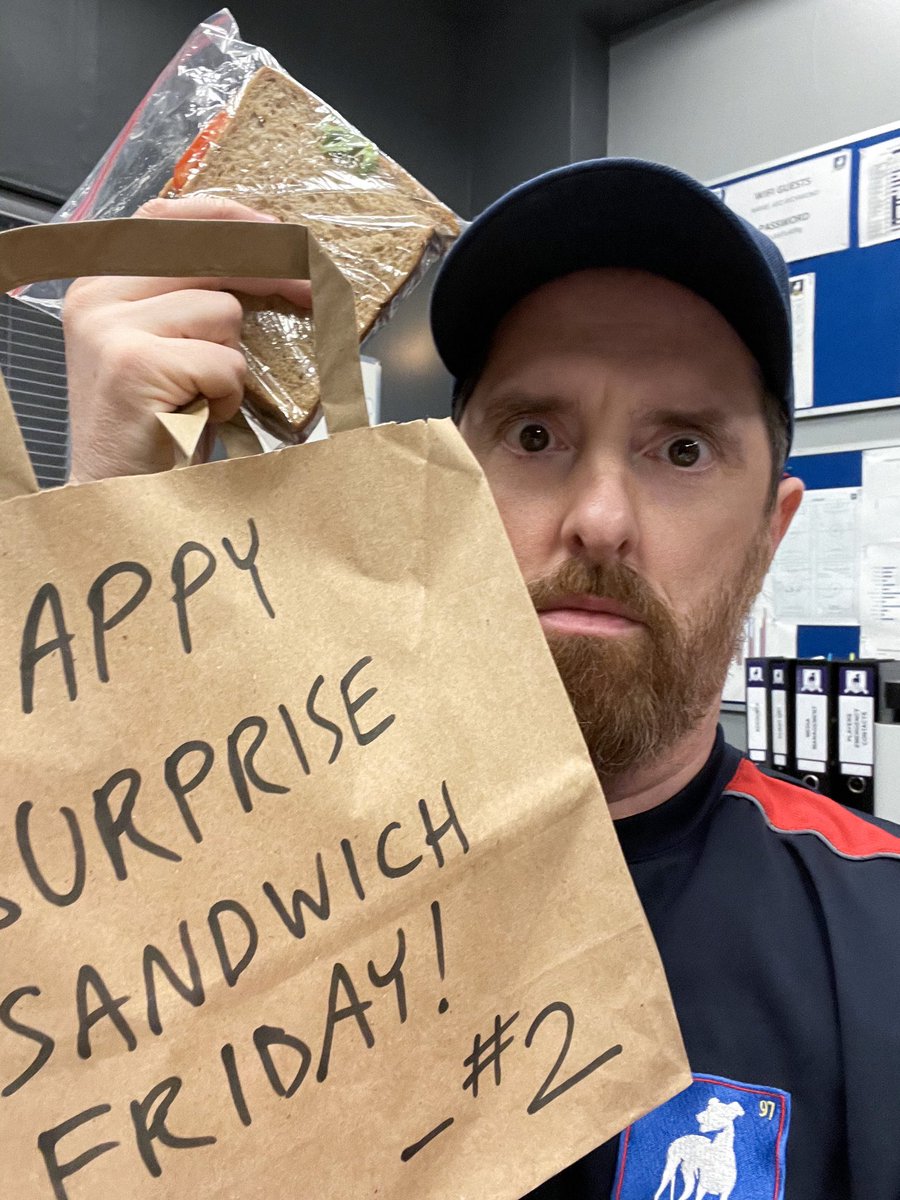 TedLasso's tweet image. Happy Surprise Sandwich Day! Fun Fact: Coach Beard likes his sandwiches like a reverse Wayne Newton - toasted on the inside with no cheese.