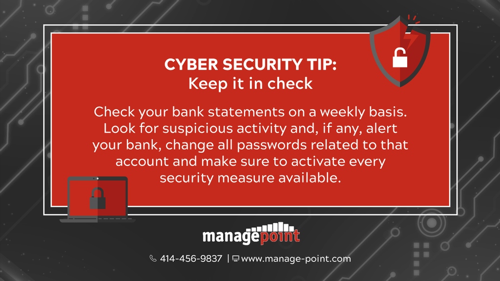 ManagepointIT's tweet image. It&apos;s important to keep a watchful eye on your bank account.

If you see any charges that don&apos;t look familiar, let your bank know!