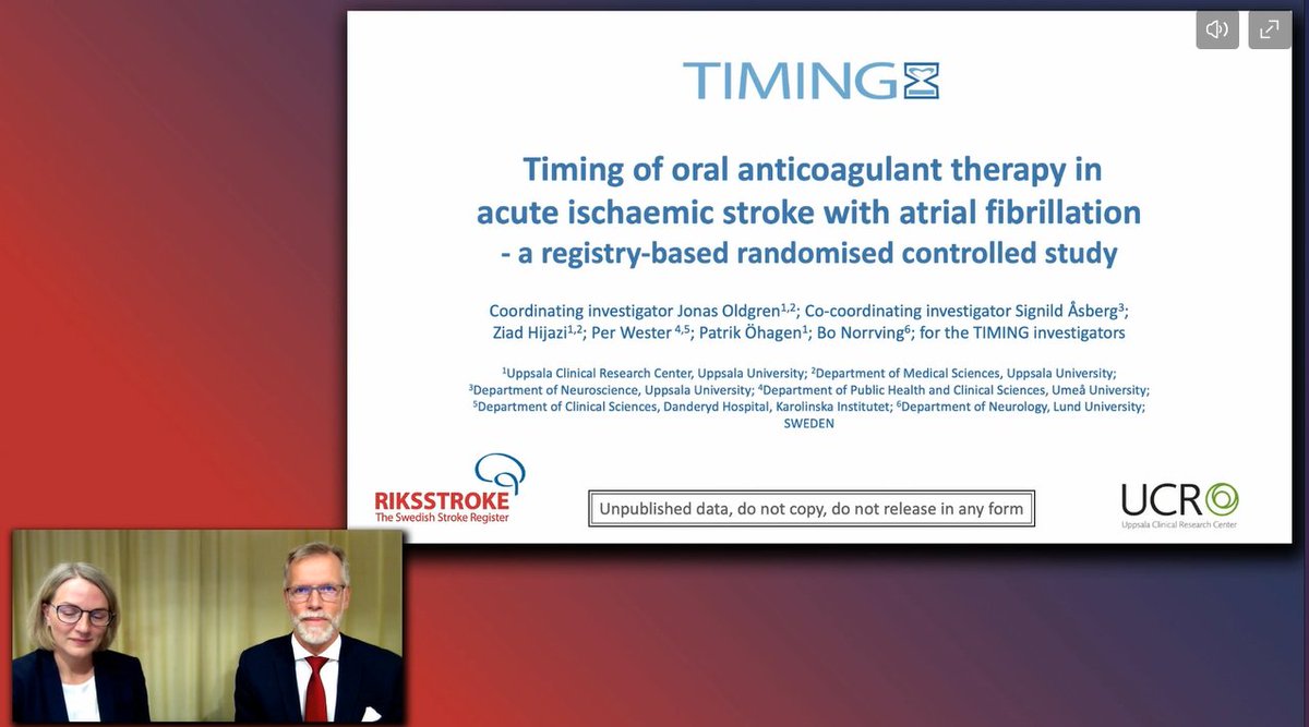 Now live at #ESOC2021➡️ Prof. Signild Åsberg  &amp; Prof. Jonas Oldgren presenting the results of the TIMING #stroke #clinicaltrial study looking at the timing of oral anticoagulant therapy in acute ischemic stroke with atrial fibrillation.
#neurotwitter #neurology