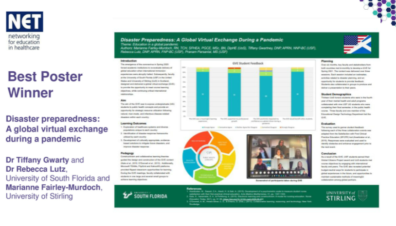 AdvanceHE's tweet image. Congratulations to Dr Tiffancy Gwarty and Dr Rebecca Lutz, @USouthFlorida, and @MarianneMurdoch, @StirUni, on winning best poster at #NETConf21. The winning poster on &apos;Disaster preparedness: A global virtual exchange during a pandemic&apos; will be sent out to delegates to reexamine