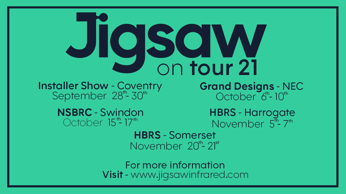 connectinfrared's tweet photo. Get your diaries out for 2021! 📅 The team @JigsawInfrared are excited for all of the events to come. Keep your eyes open for our 2022 dates.👀
#Jigsawontour #tech #futureheating #technology #shows https://t.co/P0h0WpbmSM