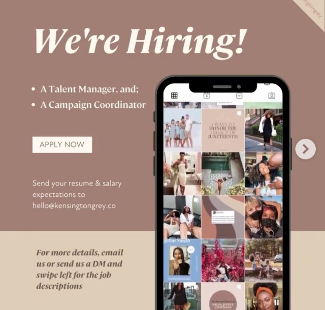 My lovely Friends over at Kensington Grey are hiring! They are a Social Media Influencer agency that focuses on Black creators and the these are fulltime positions! 

They're looking for a Talent Manager and a Campaign Coordinator 

Details in this thread below 👇🏾