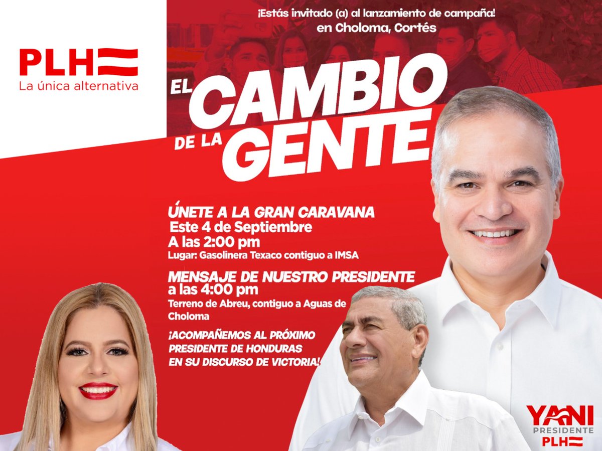 PoloCrivelli's tweet photo. Faltan pocas horas para iniciar la #CarabanaLiberal en nuestro hermoso municipio de Choloma. Estas cordialmente invitado al lanzamiento de campaña mañana sábado 4 de septiembre!!!
#YaniPresidente
#KathiaDiputada
#ElCambioDeLaGente
#PoloAlcalde
#YoConPoloEstoy
#VamosConTodo https://t.co/BmTVvTPQUG