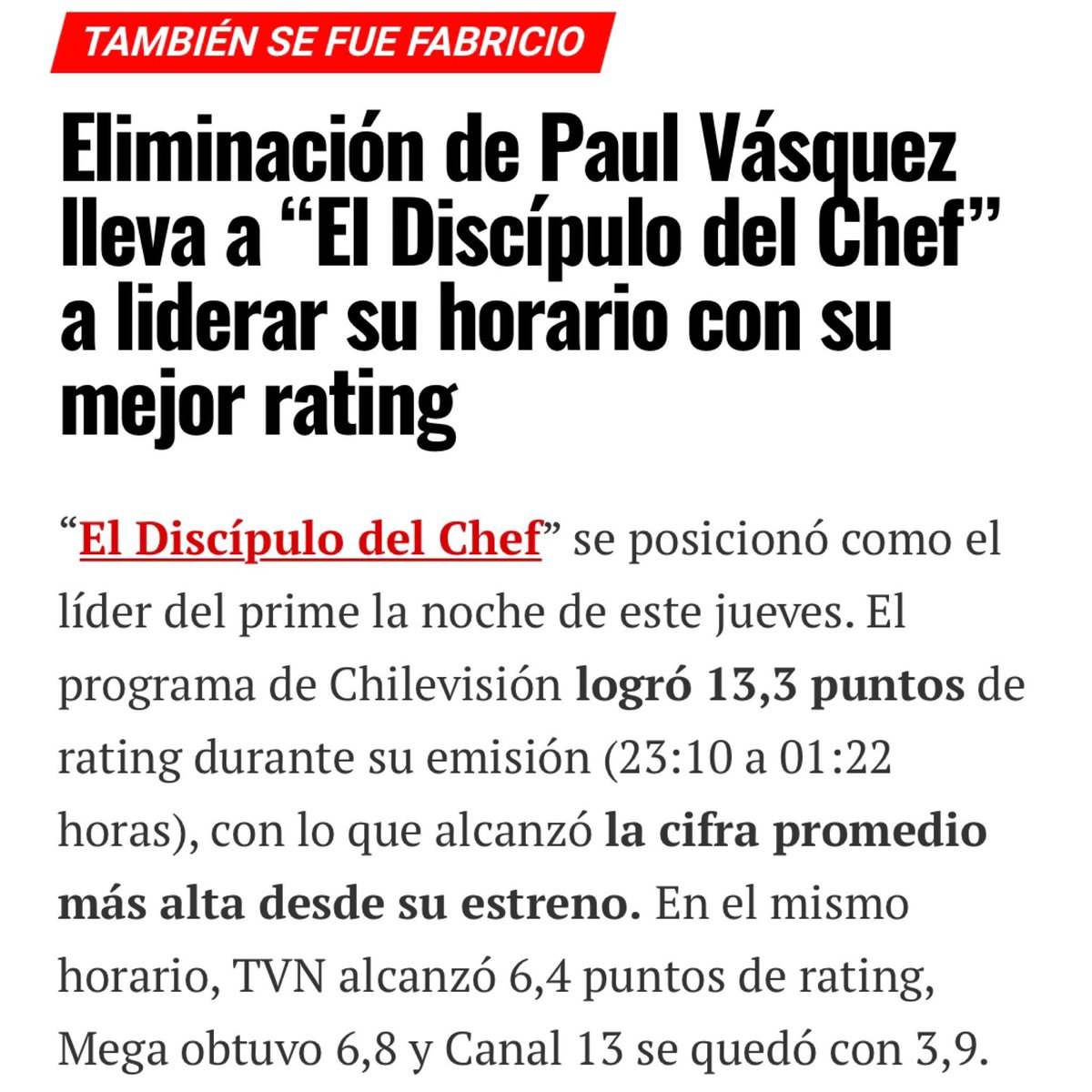 #leaders again and best rating of the season 💪💪💪enhorabuena equipo!!! #ElDiscipulodelChef <a href="/chilevision/">Chilevisión</a> <a href="/themdpstudio/">The Mediapro Studio</a> <a href="/PhileasP/">Phileas Productions</a>