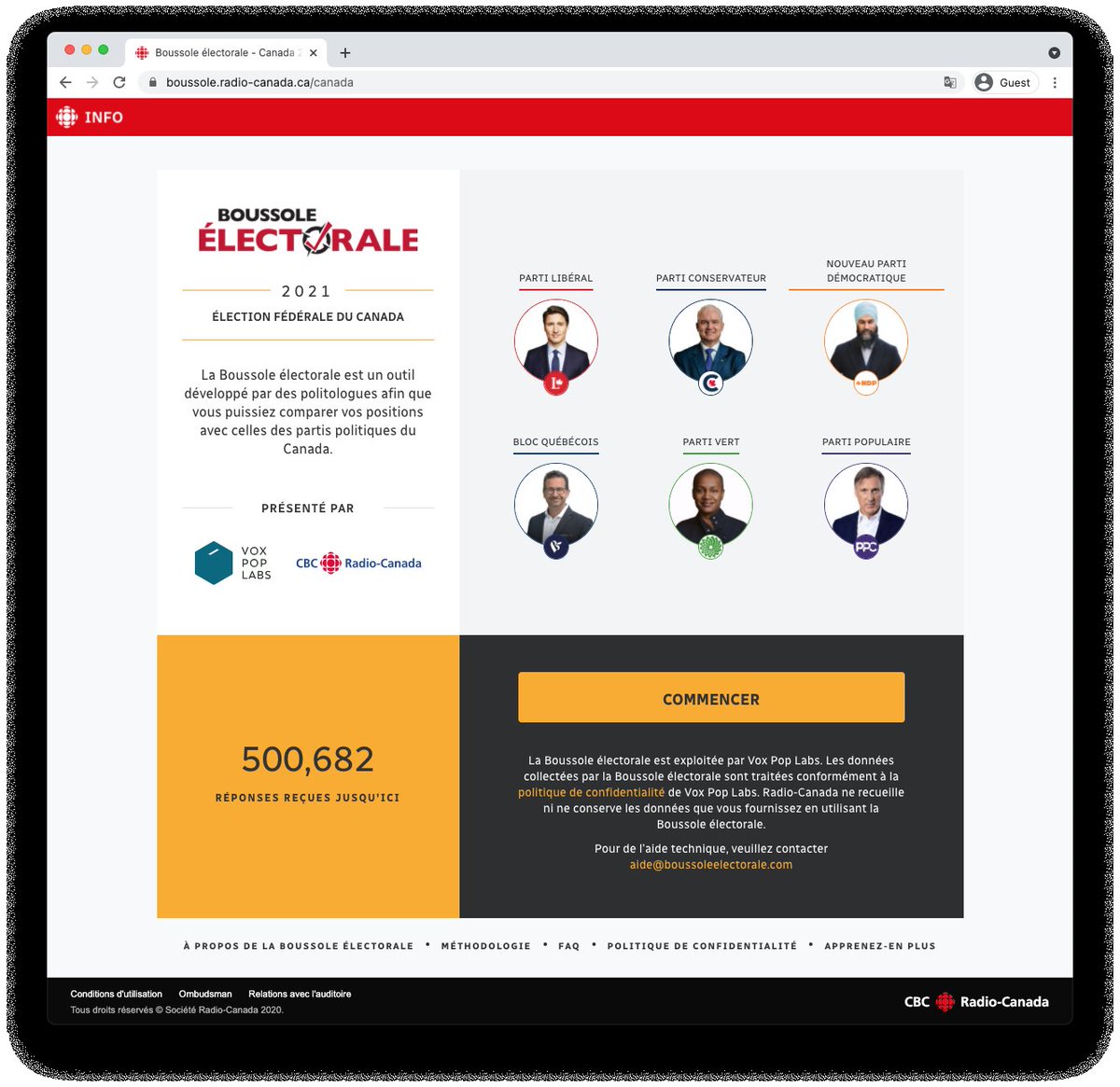 Au milieu de la campagne #elxn44, la <a href="/Boussole/">Boussole électorale</a> électorale a déjà été utilisée par plus d’un demi-million d’utilisateurs au pays.

Essayez-la avant le jour de l’élection pour obtenir une analyse personnalisée et pour vous comparer aux plateformes électorales des partis politiques.