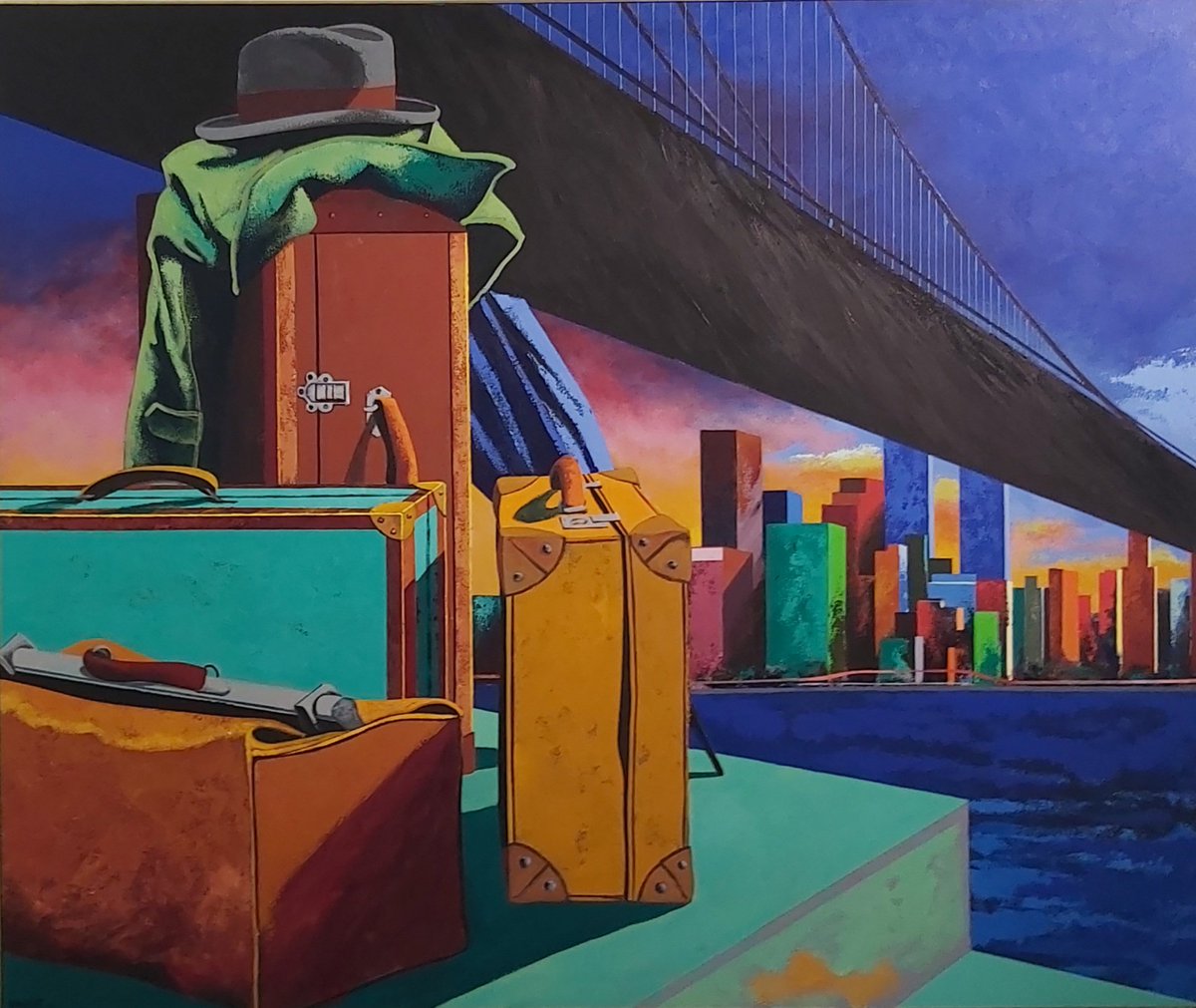 pontdefer's tweet photo. El puente de Brooklyn, aparece en NUEVA YORK (E. Úrculo, 1992) tras las maletas símbolo del drama de la emigración. Junto con otras obras del pintor, puede contemplarse en la magnífica Fundación Archivo de Indianos - Museo de la Emigración. Colombres, Asturias #ViernesdePuentes https://t.co/DfGAPpPtku