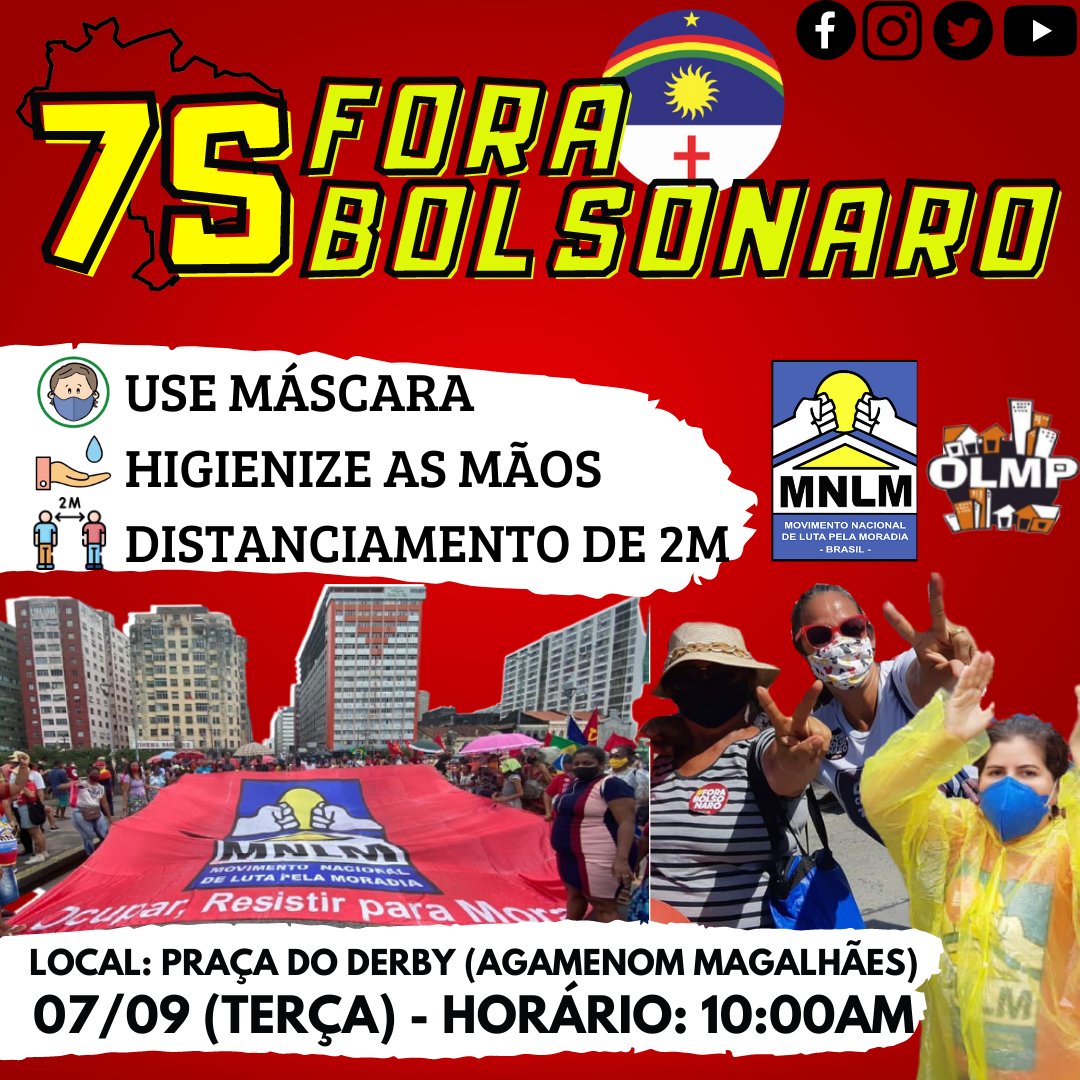 mnlmpe's tweet photo. #7SFORABOLSONARO
📍Local: Praça do Derby(AGAMENOM Magalhães)
🕙Horário: 10:00AM 
🗓Data: 07/09 (Terça)

😷USE MÁSCARA!
🤲HIGIENIZE AS MÃOS!
⚠️DISTANCIAMENTO DE 2M!

🚩MNLM-PE/OLMP🇧🇷

#mnlm #mnlmpe #olmpmnlm #forabolsonaro #moradia #recife #pernambuco https://t.co/Dg2Y79T45u