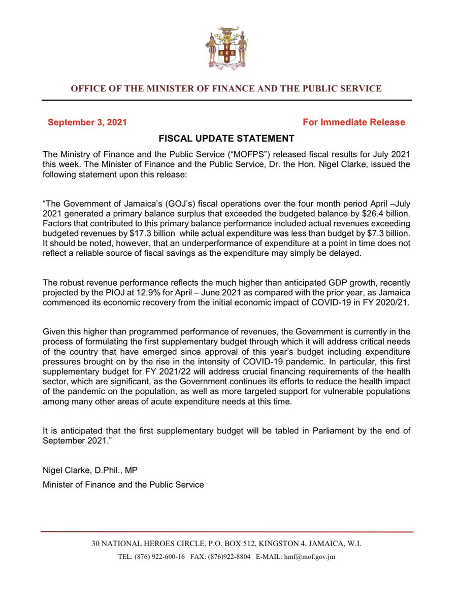 NigelClarkeJa's tweet photo. The MOFPS released fiscal results for April - July 2021 this week. Please see my statement attached. https://t.co/HQsRzBOOOB