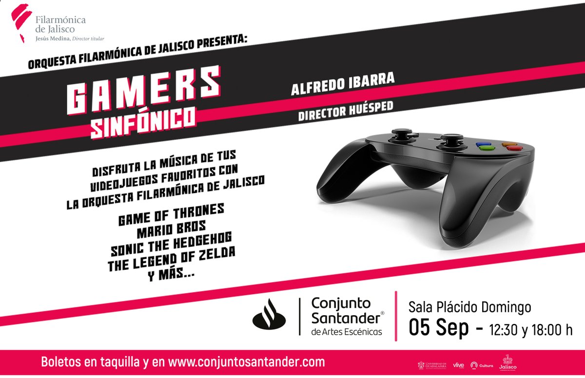 SantanderMx's tweet image. 🎮👾¡Atención #Gamers! 👾🎮
Este domingo en el @ConjSantander de Guadalajara podrás disfrutar de la Orquesta Filarmónica de Jalisco con la música de tus videojuegos y series favoritas.
Quedan pocos boletos, compra tu acceso en: bit.ly/GamersSinfonico
#GamersSinfónico