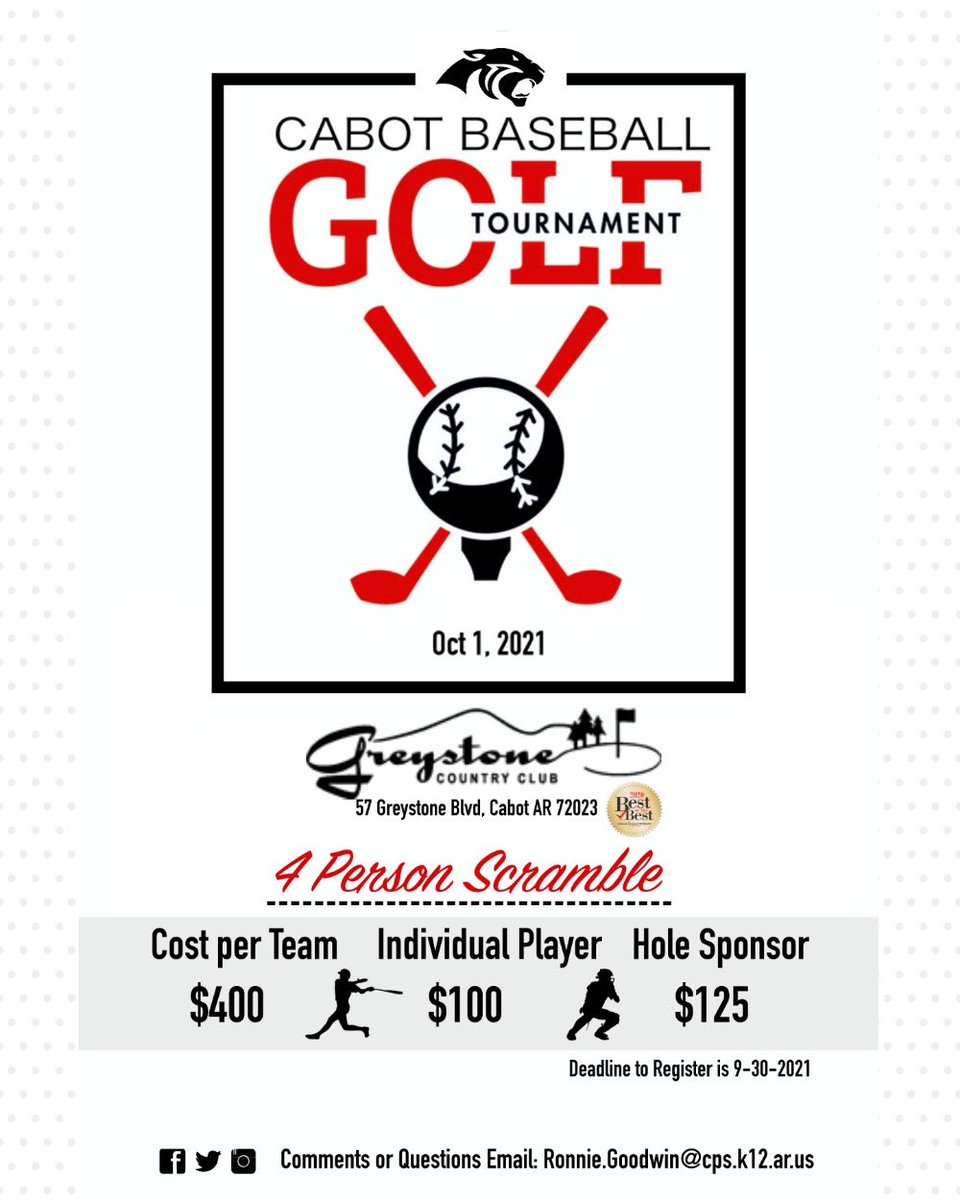 Cabot Baseball (@cabot_baseball) on Twitter photo Cabot Baseball Annual Golf Tournament October 1 <a href="/ClubGreystone/">Greystone Country Club</a>. Lunch will be provided prior to the round and there will be prizes to win. Contact Coach Goodwin to sign up or for more information. Cabot Baseball Annual Golf Tournament October 1 <a href="/ClubGreystone/">Greystone Country Club</a>. Lunch will be provided prior to the round and there will be prizes to win. Contact Coach Goodwin to sign up or for more information.