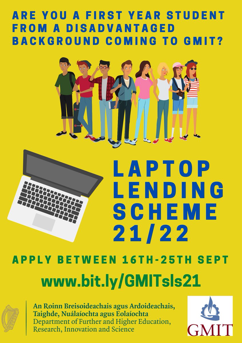 atugalwaycityss's tweet photo. Congratulations to those of you who received your #LC2021 results today &amp; are planning to come to GMIT. Please note we have some laptops available for #DisadvantagedStudents under the @DeptofFHed #LaptopLendingScheme. Apply between 16/09-25/09 to be considered @GMITOfficial https://t.co/eSPujkvtR0