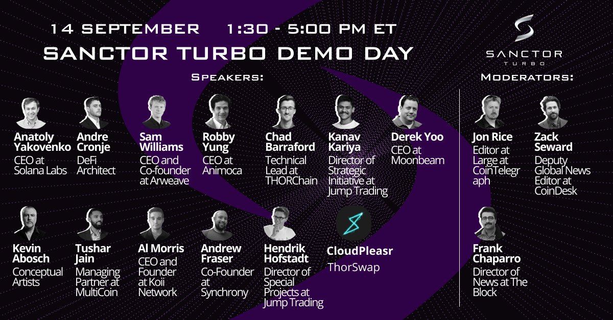 SanctorCapital's tweet image. We are excited to invite you to Sanctor Turbo Demo Day. On September 14th between 1:30pm - 5:00pm EST projects of the Alpha Class will take the virtual stage to show their products.