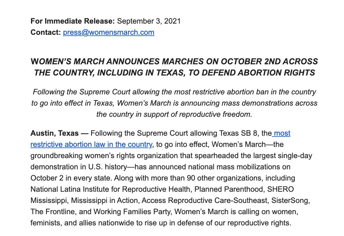 ICYMI: We are marching (and more)! 

Women's March Announces Marches on Oct. 2 in Texas and Across the Country to Defend Abortion Rights. womensmarch.com/mobilize