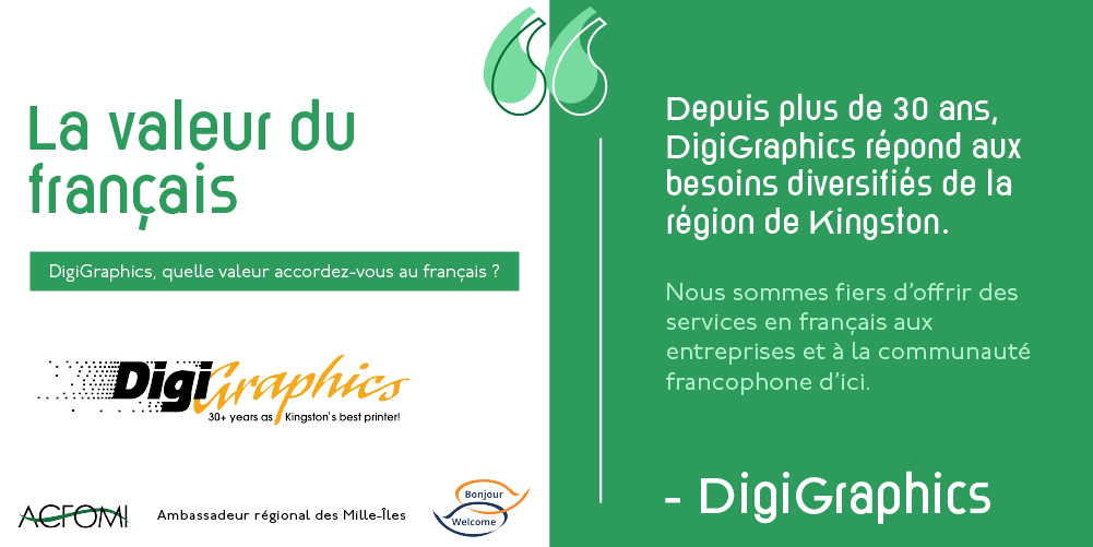 ACFOMI's tweet image. @digi_graphics , quelle valeur accordez-vous au français ?
Sur l&apos;affiche ci-dessous, DigiGraphics vous partage pourquoi le français est une langue essentielle à leur entreprise 💚
-
#YGKLove #YGKFrançais #ACFOMI #BW #BonjourWelcome #YGKKingston #KIngstonOntario