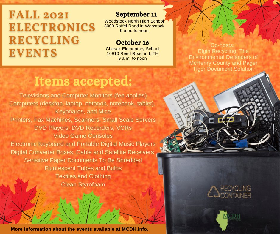 The county is teaming up again with 
@EnviroDefMC to host two electronics recycling events Sept. 11 and Oct. 16. Visit bit.ly/MCDHsolidwaste for a complete list of items that will be accepted.