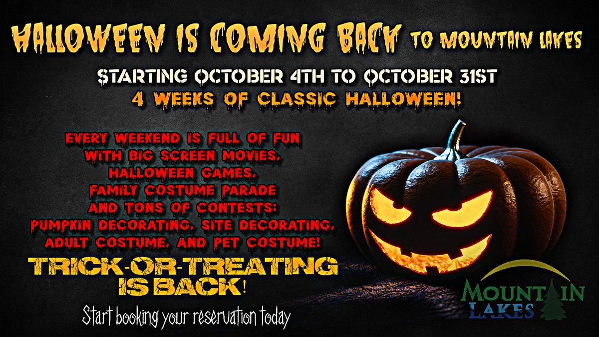MtLakes's tweet photo. Halloween is coming back to Mountain Lakes! Fun activities and trick-or-treating EVERY weekend starting October 4th to the 31st! Book your reservations today! Hurry before it's too late for all the fun spooks! https://t.co/P2eG8nztRQ