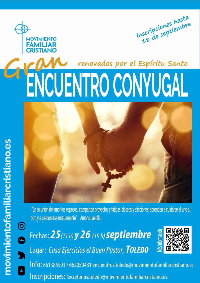 ¡ N O T I C I Ó N !

Ya hay 25 matrimonios inscritos al “Gran Encuentro Conyugal”

Vemos grandes milagros fruto de nuestra oración comunitaria ¿A qué estas esperando para unirte en oración por el encuentro? Manda tu foto y oración a zona.centro@movimientofamiliarcristiano.es