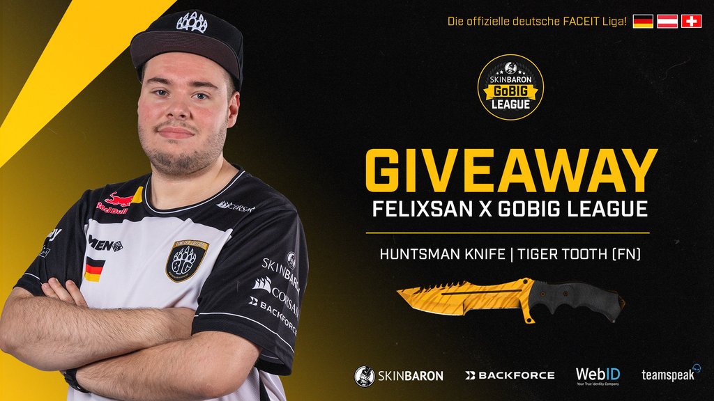 ᵂᴱᴿᴮᵁᴺᴳ
Gewinnt jetzt ein fabrikneues "Huntsman Knife | Tiger Tooth" (Wert ca. 240 €)

Was ihr tun müsst? Ganz einfach:  
👬 Tag 2 friends 
🔄 Retweeten
✅ @GoBIGLeague folgen
✅ @fELIXSAn92 folgen

Und mit ein wenig Glück habt ihr in Kürze Post von uns!
#csgo #giveaway