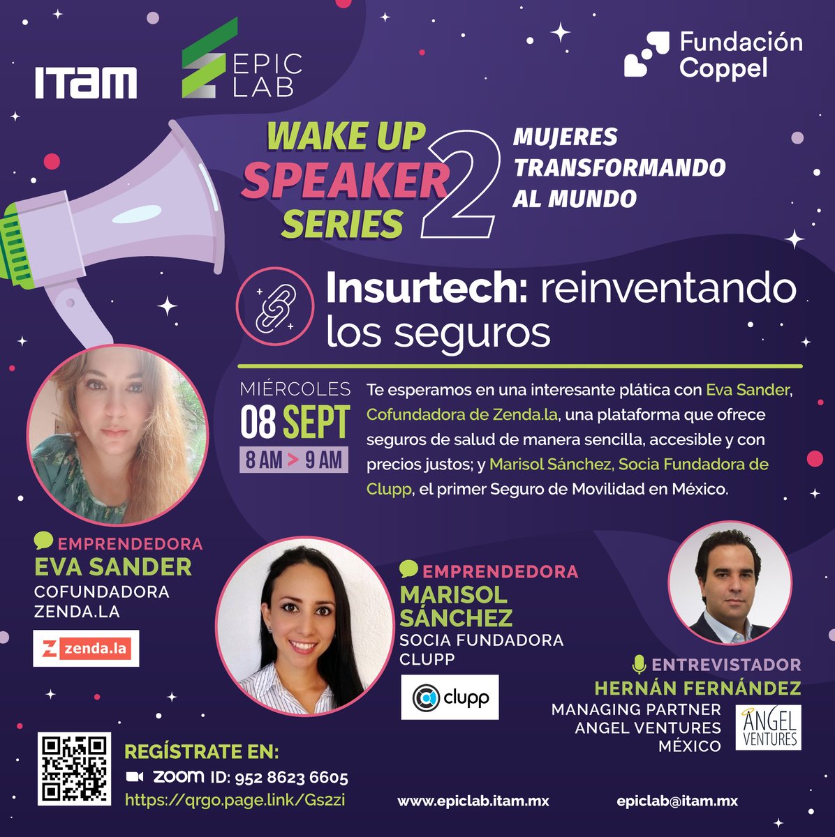 EPIC Lab ITAM (@epiclabitam) on Twitter photo Te invitamos al #WakeUpSeries <a href="/EpicLabITAM/">EPIC Lab ITAM</a> “InsurTech: Reinventando los seguros” con <a href="/hernanAVM/">Hernan Fernandez L.</a>|<a href="/AVM_Mex/">Angel Ventures Mx💥</a>, Marisol Sánchez|<a href="/cluppseguro/">Clupp</a> y <a href="/evasander/">Eva Sander #food4good🐝 🌻🕯️🎶</a>|<a href="/MasterZenda/">Zenda.la</a>.
Miércoles 8 de septiembre, 8 am
Regístrate: qrgo.page.link/Gs2zi
<a href="/ITAM_mx/">ITAM</a>
<a href="/ExITAM/">ExITAM</a>
<a href="/AspirantesITAM/">Aspirantes ITAM</a>
<a href="/IngenieriaITAM/">Ingeniería ITAM</a> Te invitamos al #WakeUpSeries <a href="/EpicLabITAM/">EPIC Lab ITAM</a> “InsurTech: Reinventando los seguros” con <a href="/hernanAVM/">Hernan Fernandez L.</a>|<a href="/AVM_Mex/">Angel Ventures Mx💥</a>, Marisol Sánchez|<a href="/cluppseguro/">Clupp</a> y <a href="/evasander/">Eva Sander #food4good🐝 🌻🕯️🎶</a>|<a href="/MasterZenda/">Zenda.la</a>.
Miércoles 8 de septiembre, 8 am
Regístrate: qrgo.page.link/Gs2zi
<a href="/ITAM_mx/">ITAM</a>
<a href="/ExITAM/">ExITAM</a>
<a href="/AspirantesITAM/">Aspirantes ITAM</a>
<a href="/IngenieriaITAM/">Ingeniería ITAM</a>