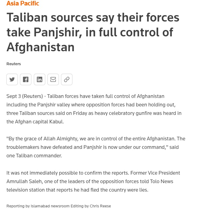 ANI's tweet photo. "Taliban forces have taken full control of Afghanistan including the Panjshir valley where opposition forces had been holding out," Reuters quoted Taliban sources as saying https://t.co/EVWI6H0fhW