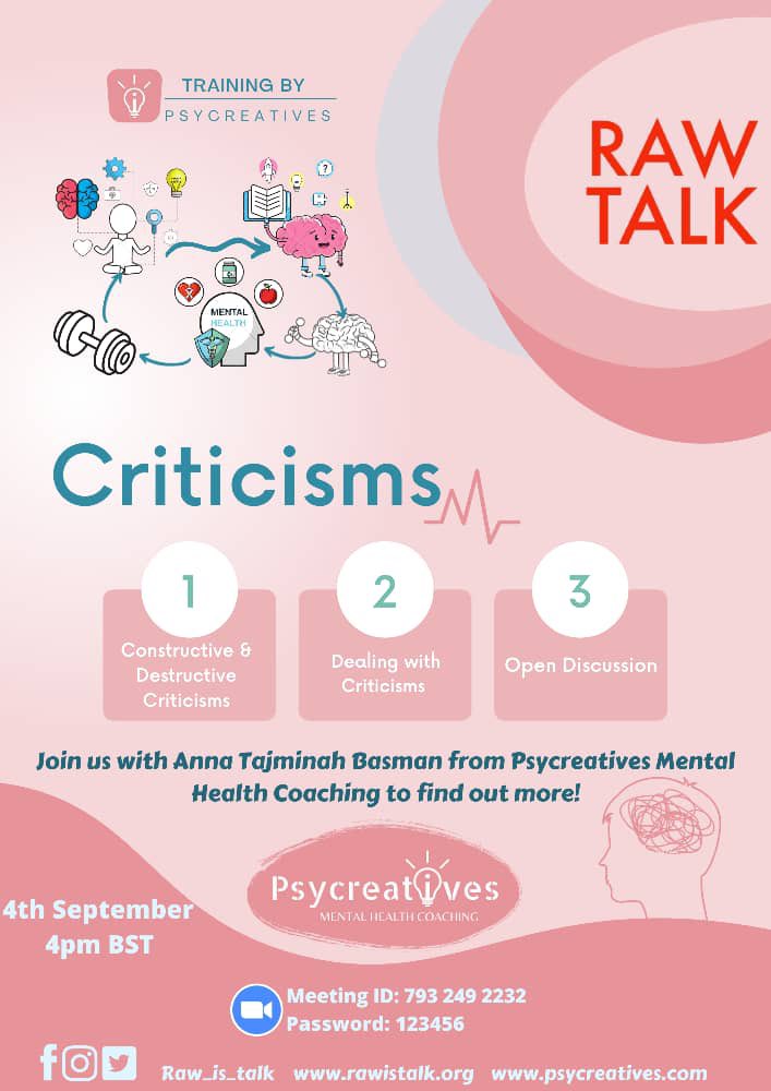 raw_is_talk's tweet photo. #CRITICISMS

Join us for a RAW TALK SPECIAL with Anna Tajminah Basman from Psycreatives

 Saturday 4th September @ 4 PM BST

Join Zoom Meeting
https://t.co/hXZpaCBaEk

Meeting ID: 793 249 2232
Password: 123456 https://t.co/ahX0sWjF0l