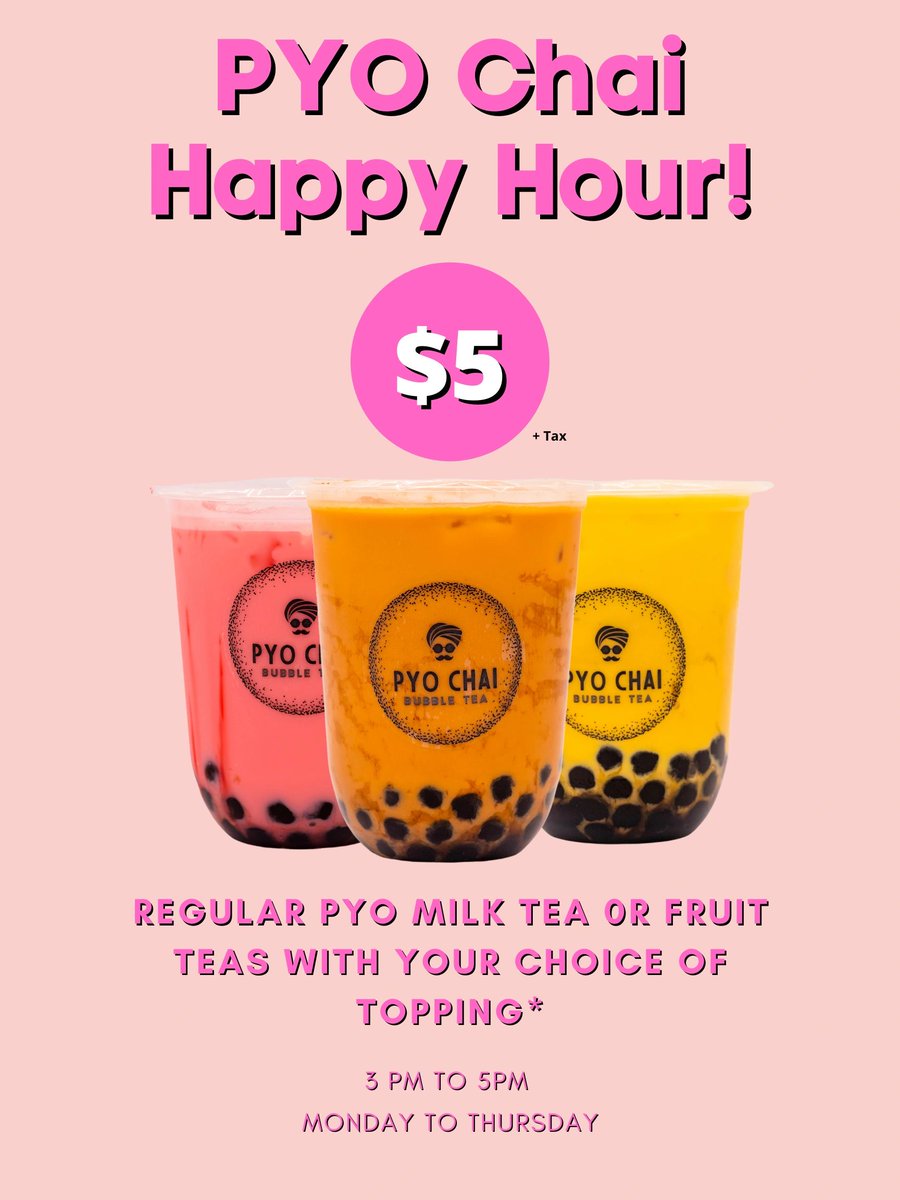 PYO_Chai's tweet image. Hey PYO Chai Fam! Don't forget to stop by during PYO Chai Happy Hour 

pyochai.com
