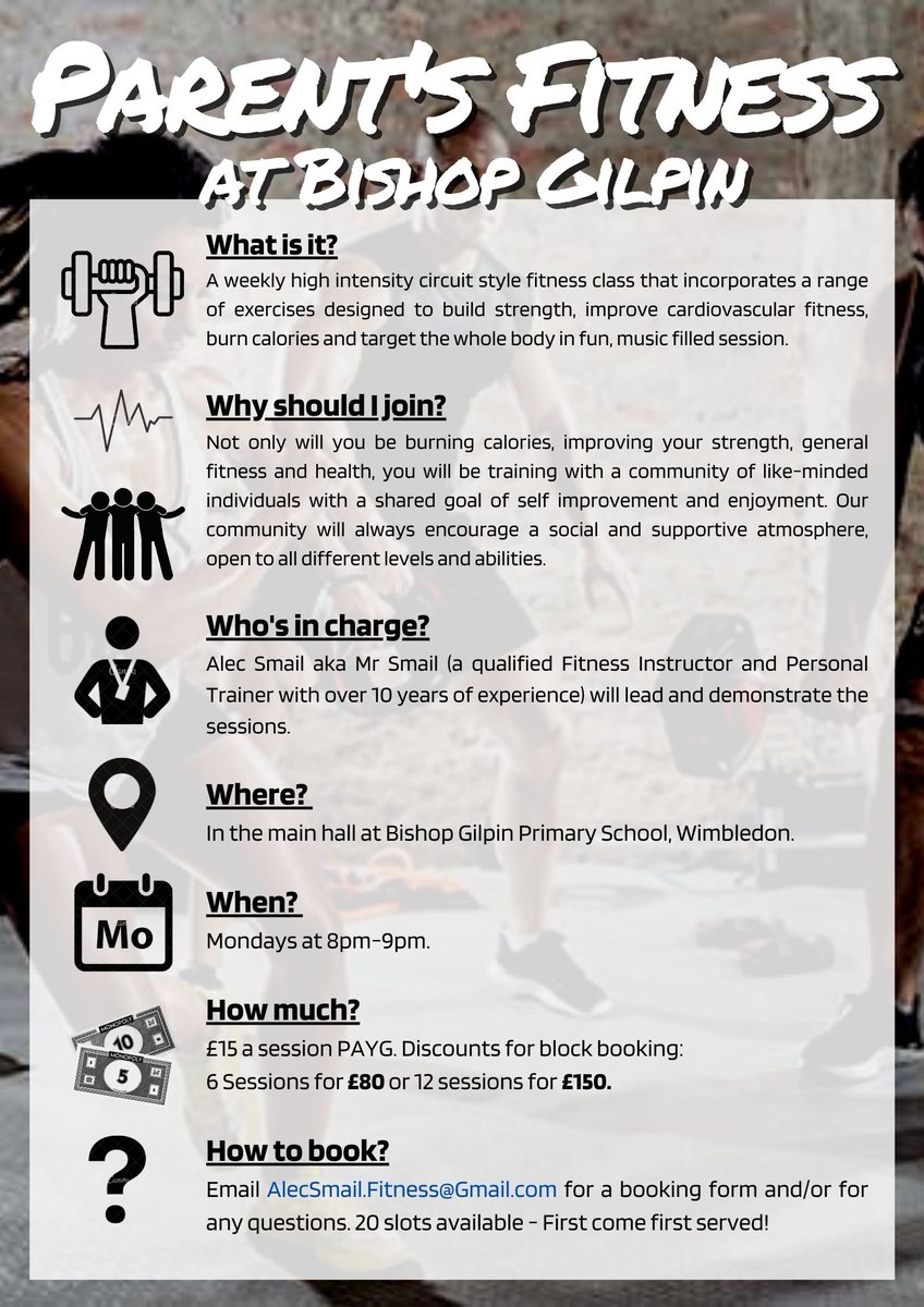 Calling all parents far and wide!
A fantastic chance to improve your health and fitness with Alec Smail on Monday evenings!

<a href="/BishopGilpinPS/">BishopGilpinSchool</a>