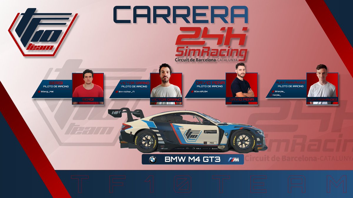 ❗️EVENTO ESPECIAL❗️ 🗣️Mañana disputaremos las #24hSimRacingCircuit gracias a la invitación de @e_circuitcat. Esperamos hacerlo lo mejor posible, disfrutar y tratar de completar las 24H de carrera. Los héroes @TeamTf10 serán: @Sergi_Mat , @mrvicthor_17 , @DavidPJ34 y @alexfndz6